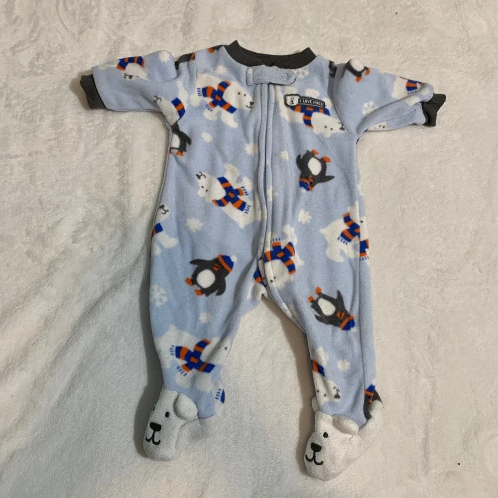 5/$25‎ Carters Newborn Blue Polar Bear Penguin Fleece Footed Pajamas Sleeper